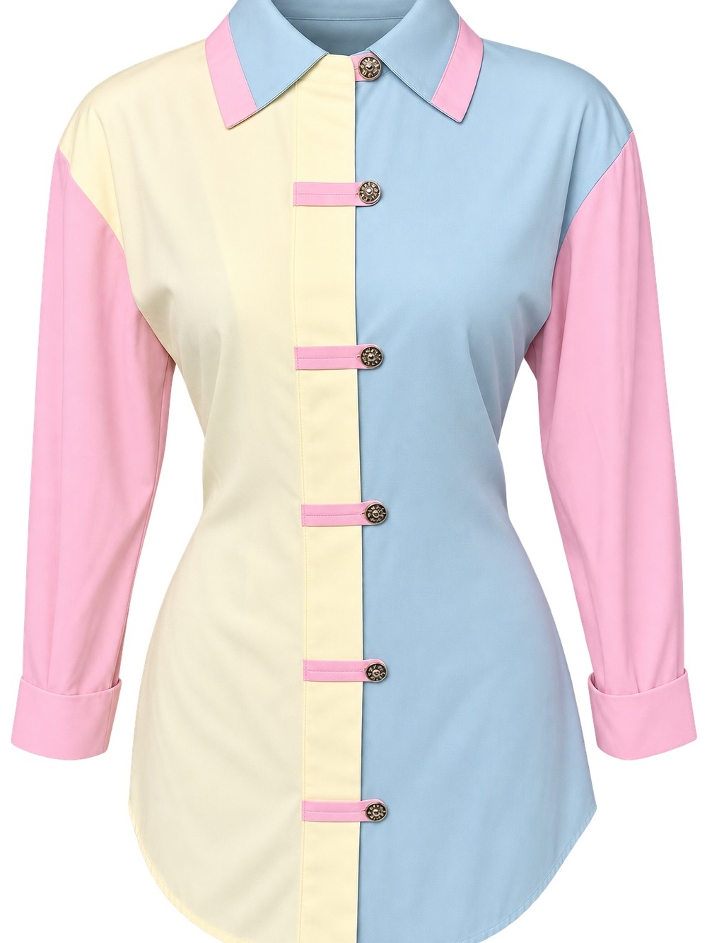 Pastel Colorblock Button-Front Shirt Jacket - Pink, Blue & Cream